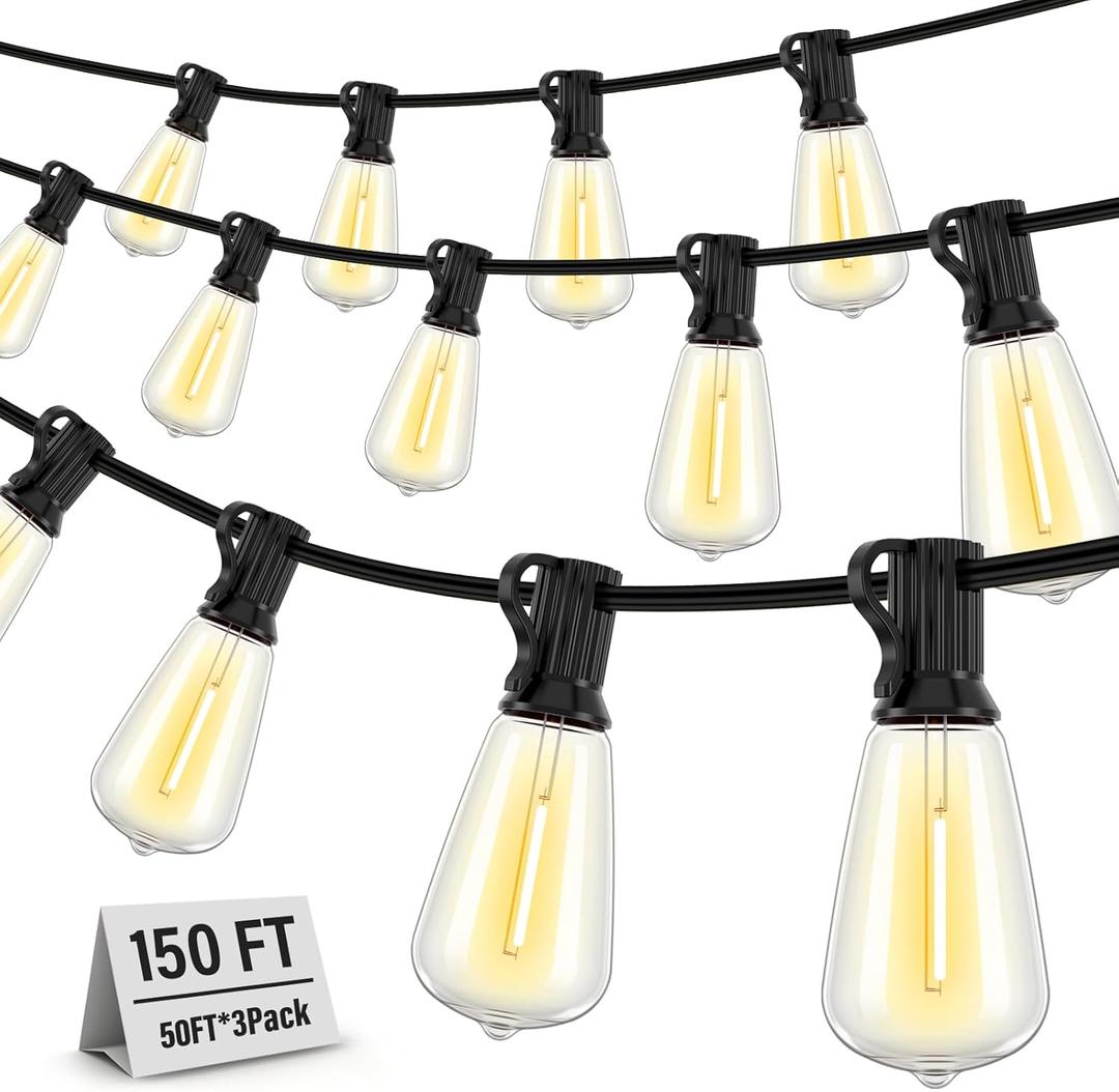String Lights for Outside, 150FT (50FT 3 Pack) Patio Lights Outdoor Waterproof with 75+6 Shatterproof Vintage Bulbs, Plug in Hanging Light for Porch, Blacony, Backyard, Bistro, Garden, 2700K