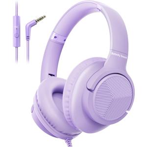 Headphones Wired with Microphone, Over Ear Foldable 3.5mm Plug in Headphones with 4.9ft Tangle-Free Nylon Cord for Tablet, Laptop, MP3/4, School, Airplane Travel (Purple)