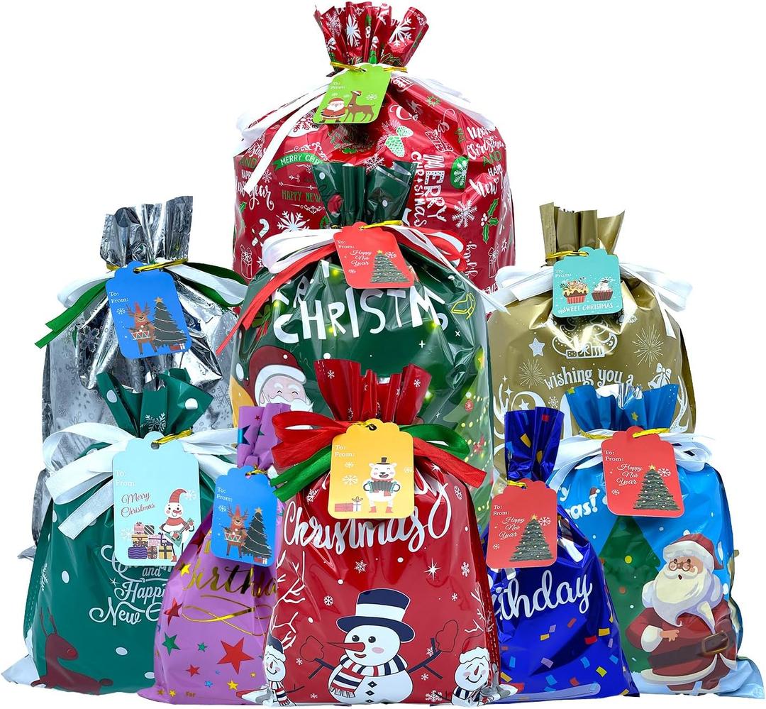 ANTOWIN 37PCS Christmas Gift Bags with Tags, Assorted Sizes, Christmas Foil Gift Wrapping Sacks Pouches for Presents Party Favor, Birthday Gift Bags, Reusable Bags