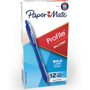 Paper Mate Profile Retractable Ballpoint Pens, Bold Point (1.4mm), Blue Ink, 12 Count - Writing, Office, Teacher Supplies