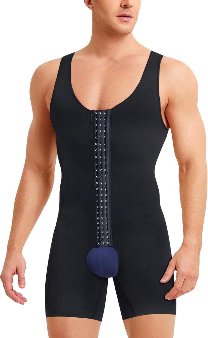 Men Shapewear Tummy Control Bodysuit Waist Trainer Full Body Shaper Fajas Compression Shirts Shorts Slim Belly (3X-Large/4X-Large, Black With Hooks)