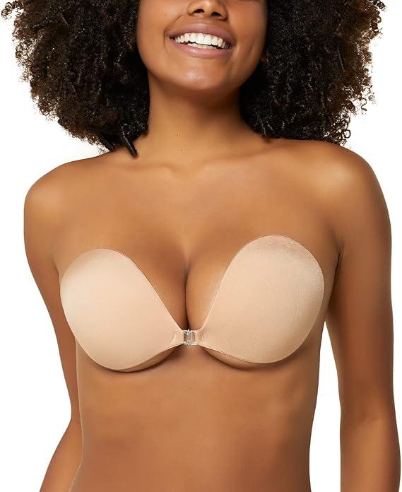Niidor Adhesive Bra Invisible Silicone Reusable Sticky Bra Strapless Backless Adhesive Bra for Women Wedding Dress Nude (Beige, S)