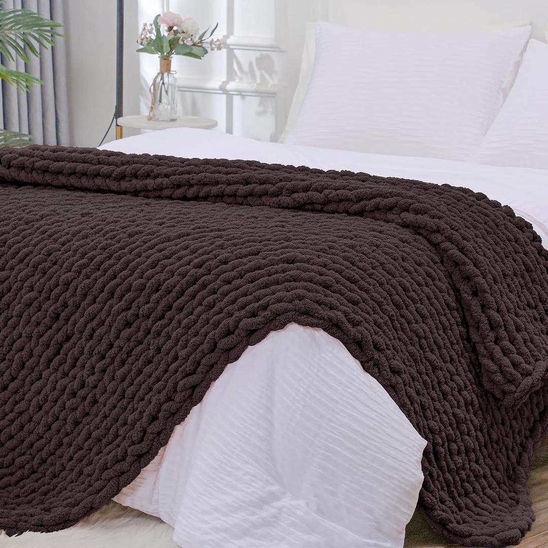 Bigacogo Chunky Knit Throw Blanket for Couch, 40x80 inches, 100% Hand Knitted with Thick Jumbo Chenille Yarn, Cozy Soft Large Rope Knot Cable Crochet Blankets for Sofa Bed Living Room, Chocolate