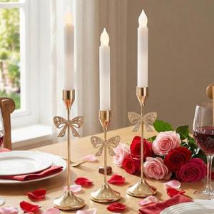 3 Pcs Christmas Bow Taper Candle Holders, 3 Size Gold Christmas Candlestick Holders, Xmas Candle Holder Vintage Decorative for Table Centerpiece Mantel Decor Holiday Housewarming Gifts