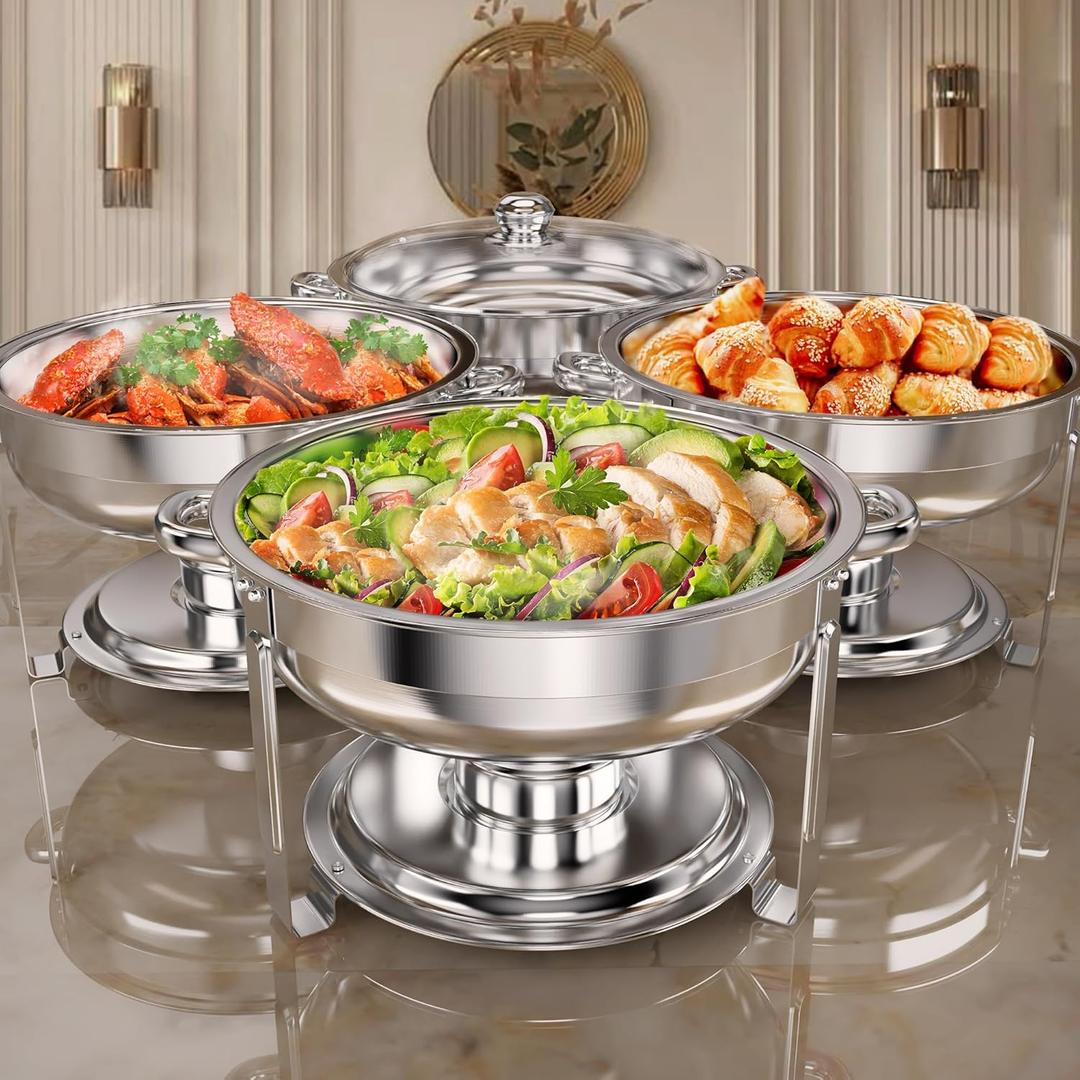 Rengue 6QT Chafing Dishes for Buffet, 4 Pack Stainless Steel Round Chafing Dish Buffet Set, Heating and Cooling Buffet Servers and Warmers, Food Warmers for Parties Buffet,Gatherings,Banquets,Weddings