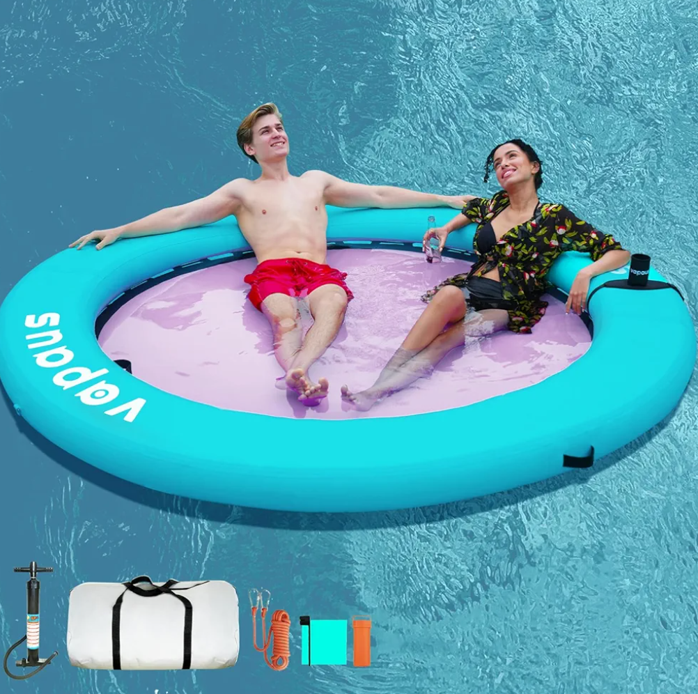 Vapaus Round Floating Ring Inflatable Water Hammock Heavy Duty Lake Raft Float for Adults Tanning Pool Lounger Platform Mat with Pump Cup Holder Anchor Rope for Beach Party Dock Boat, Aqua/Pink