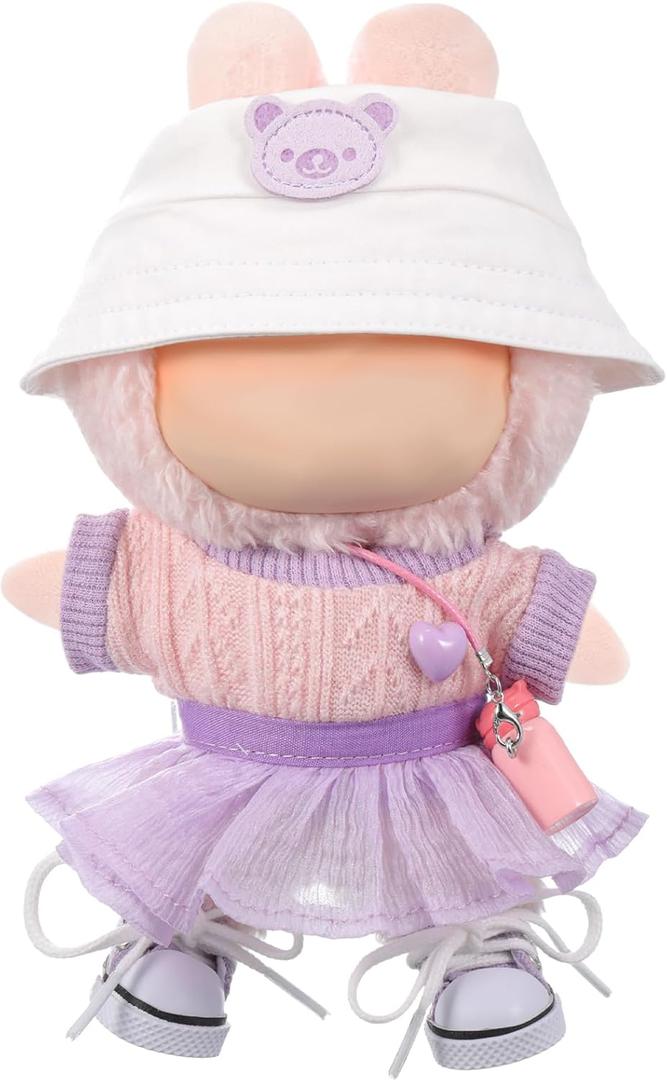 5 Pcs Stylish Set for 17cm Dolls with Fashion Hat ,Water Bottle,Skirt,Shoes and Sweater Outfit Set, Cute Doll Style Accessories Gift(Kawaii,Purple)