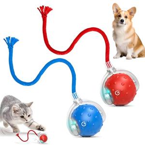 RunBuxd 2Pcs Tinyfetch Dog Toy, Interactive Dog Cat Toys Balls with Birdsong, Rechargeable 360° Smart Automatic Rolling Electric Dog Ball Toy with Rope for Pets Indoor & Outdoor Play (Red+Blue)