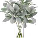 Briful Artificial Frosted Lambs Ear Leaves Dusty Miller Stems in Clear Glass Vase Fake Leave Stems Arrangement for Home Wedding Party Baby Shower Decoration