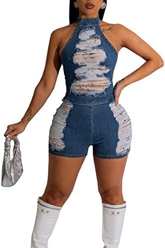 Novaorily Womens 2023 Summer Fashion Backless Denim jumpsuit Ripped Jean Romper High Waist Casual Overalls Size L