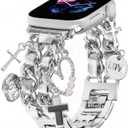 Stylish Wristband Compatible with Apple Watch Bands 38mm 40mm 41mm 42mm 44mm 45mm 49mm 46mm,Replacement Strap with Unique Pendants for iWatch Series 11 10 9 8 7 6 5 4 3 2 SE Ultra Metal Chain Charms Women (Silver+Silver Leather)