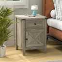 Rustic Nightstand with Charging Station, Night Stand with Barn Door and Drawer, Storage Bedroom Living Room Bedside Table Farmhouse End Table Industrial Bedside Table with USB Ports and Outlets Grey