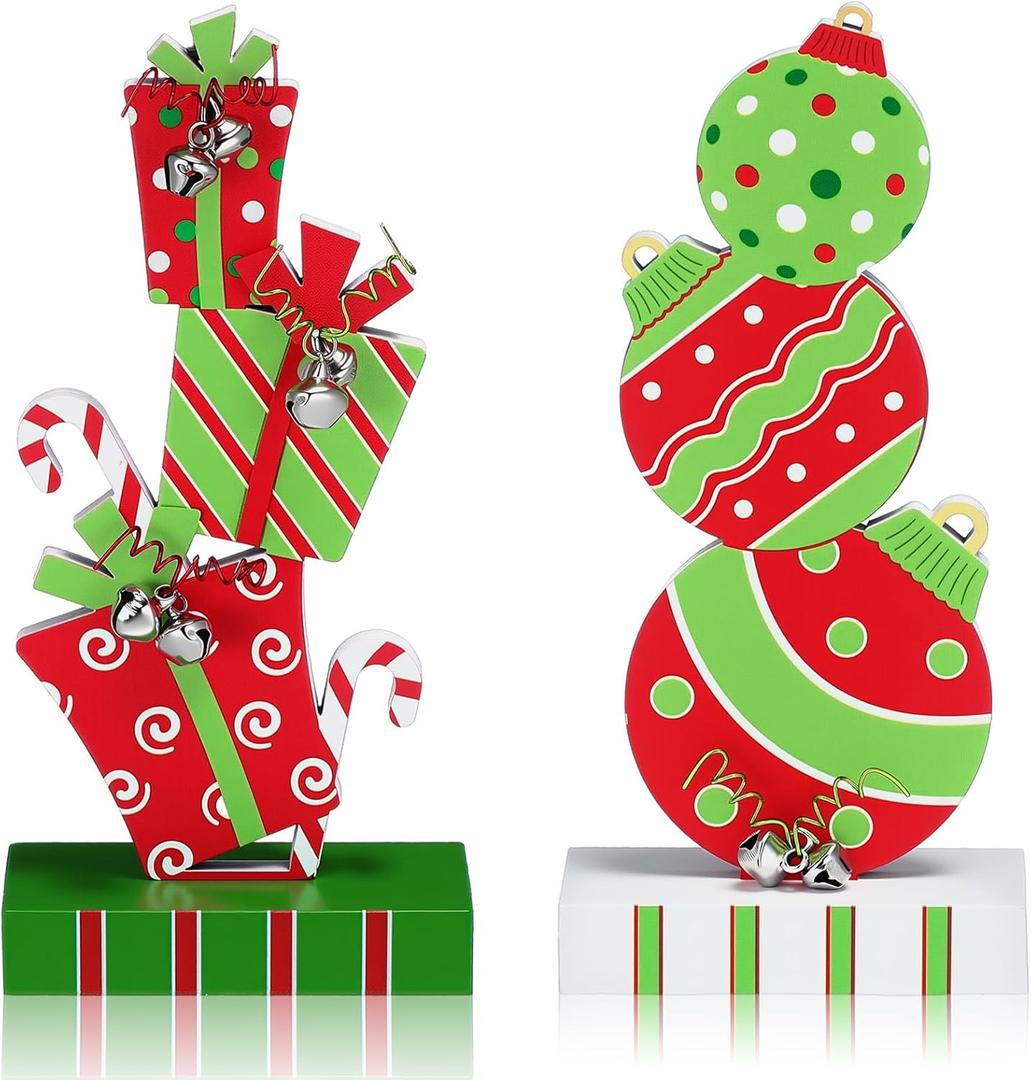 Amyhill 2 Pcs Christmas Table Decorations 5.9 Inch Wooden Xmas Centerpieces Red Green Gifts Box and Ball Ornaments Shape Christmas Signs Tabletop with Bells for Table Shelf Fireplace Holiday