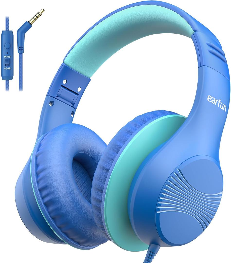 EarFun K3 Kids Headphones, Over Ear Headphones with Microphones, 85/94dB Safe Volume Limit, HD Stereo Sound, 3.5mm Jack, Foldable Wired Headphones for School/Travel/Boys/Girls/Tablet/iPad, Blue