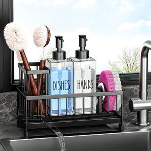 Cisily Dish Soap Dispenser, 12 fl oz Dual Kitchen Soap Dispensers with Sponge Holder, Plastic Pump Clear Glass Bottle Kitchen Soap Dispenser Set, Modern Hand and Dish Soap Bottle Set Removable (Black Sink Caddy + Clear Bottle)