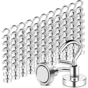 MAGXCENE 100 Pack Magnetic Hooks Heavy Duty 25 lbs Strong Rare Earth Magnet Hooks for Hanging, Refrigerator, Neodymium Magnets with Hooks for Grill Kitchen Tool Storage (Silver)