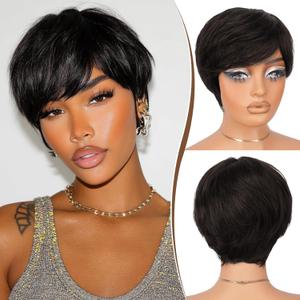 RUWISS Pixie Cut Wig Human Hair  Short Wigs for Black Women with Bangs Short Human Hair Wigs, Natural Layered Wavy Wig, Glueless, 0829-1B#