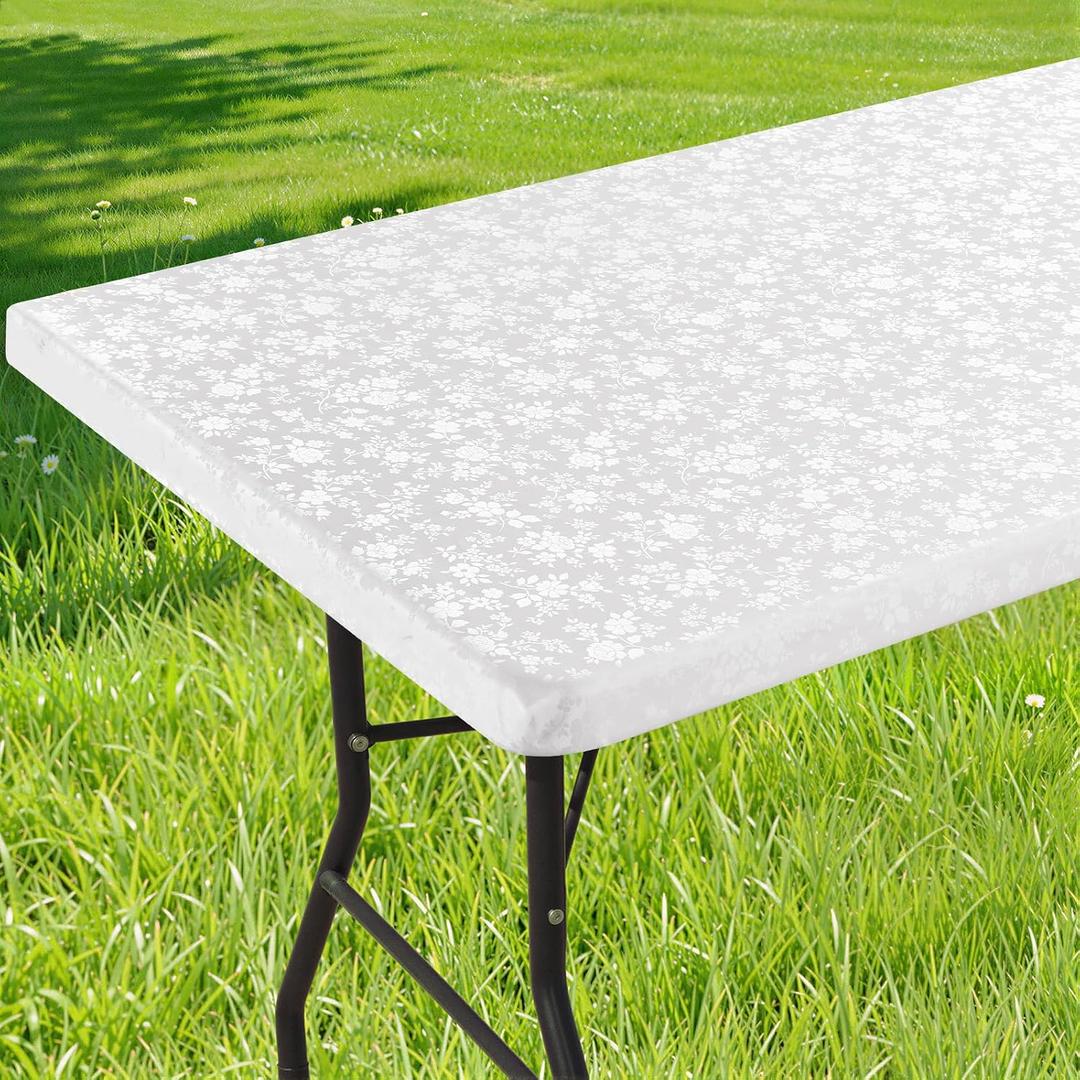 Smiry Rectangle Picnic Table Cloth, Elastic Waterproof Fitted Heavy Duty Vinyl Tablecloths, Wipeable Washable Table Covers for Kitchen, Dining, Camping, Outdoor (White, 30" X 60")