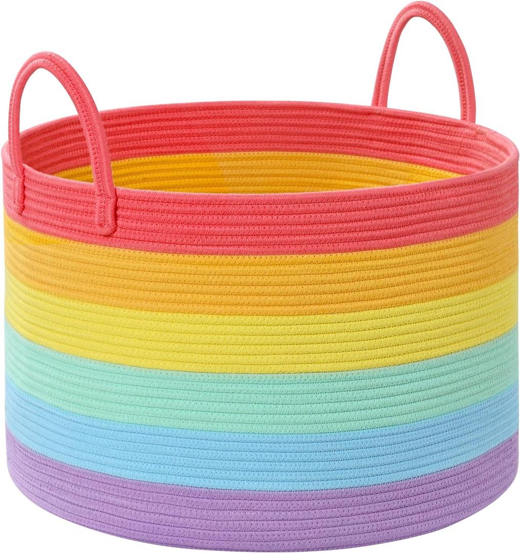 Blanket Basket Living Room, 67L Large Rainbow Round Storage Basket, Cotton Rope Laundry Baskets & Toy Storage Organizer for Nursery, Bedroom, 20"13"