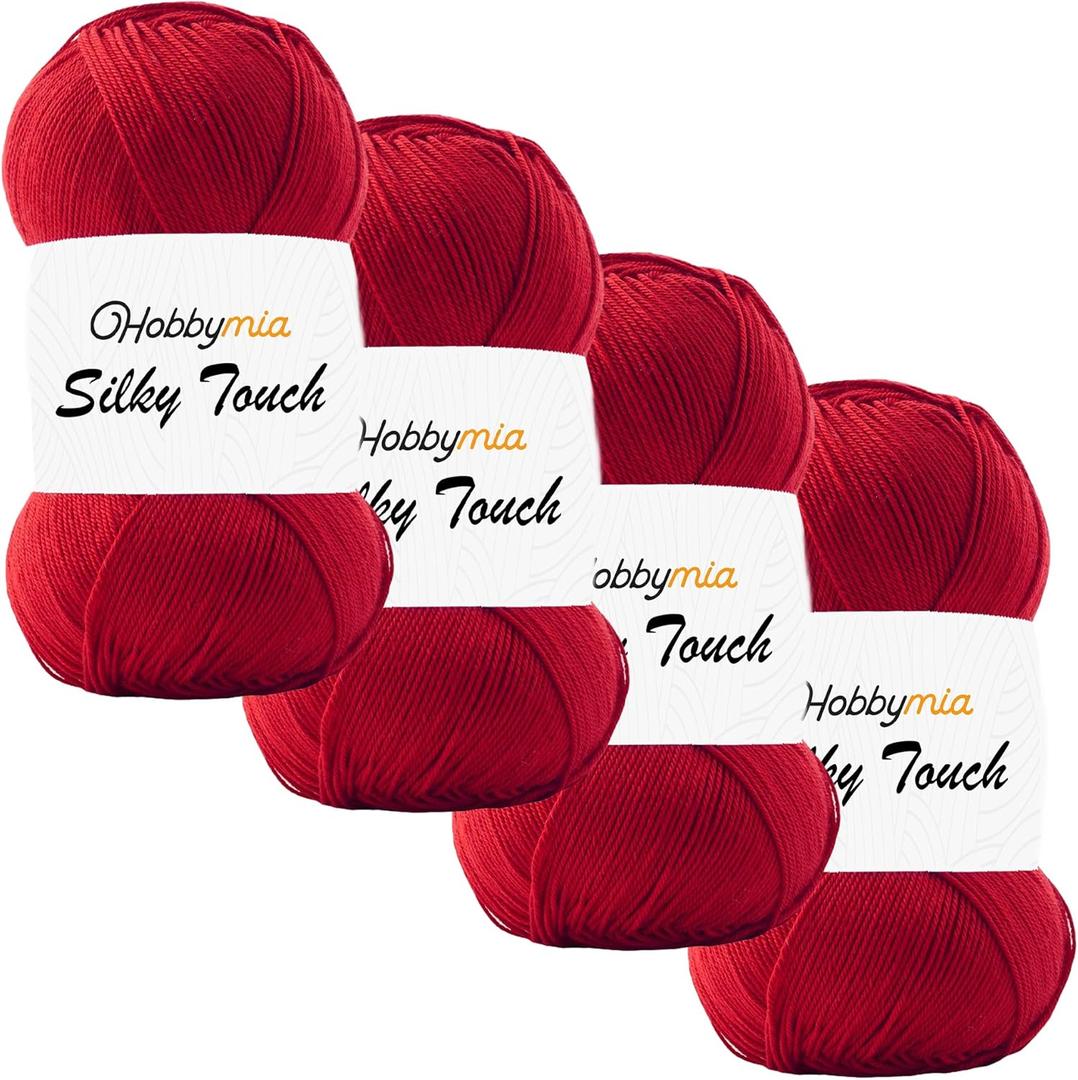 Silky Touch Acrylic Yarn - Soft Sport Weight Yarn for Crochet & Knitting - 100g / 383yds - 100% Microfiber Acrylic - Lightweight Fine Smooth Yarn(Red - Dark Red, 4 Skeins)