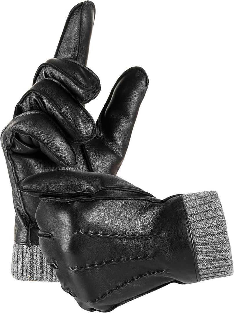 Winter Warm Genuine Leather Gloves, Cashmere Lined Driving Motorcycle Gloves for Men (Black, S)