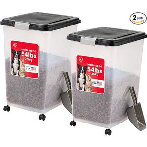 IRIS USA Airtight Dog Food Storage Container, Up to 54 lbs, Attachable Wheels, For Dog Cat Bird and Other Pet Food Storage Bin, Keep Fresh, Translucent Body, Easy Mobility, 2 Pack, Black