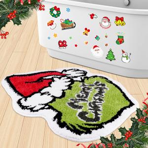 Homgaty Christmas Bath Mat, Green Christmas Bathroom Rug Super Soft Absorbent Bath Rug, Non Slip Christmas Plush Bath Mat for Bathroom, Living Room, Bedroom - 25.5x22.4 Inches