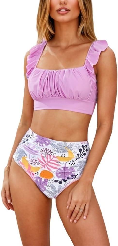 Sorrica Womens Ruffle High Waisted Bikini Sets Ruched Tummy Control Two Piece Swimsuits (Medium, Purple)