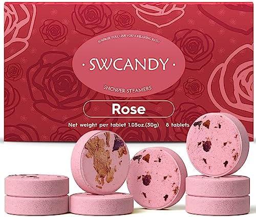 SWCANDY Shower Steamers Aromatherapy Birthday Gifts for Women Travel Essentials, 7Pcs Rose, Bath Bombs Shower Bombs with Natural Essential Oils, Relaxation Home SPA