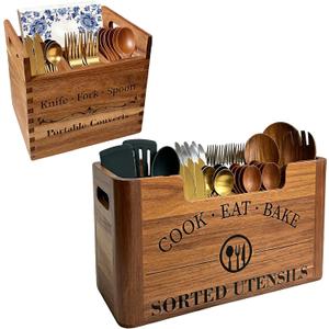 2-in-1 Acacia Wood Kitchen Utensil Holder with Removable Caddy