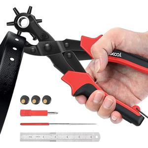 Revolving Punch Plier Kit, XOOL Leather Hole Punch Set for Belts, Watch Bands, Straps, Dog Collars, Saddles, Shoes, Fabric, DIY Home or Craft Projects, Heavy Duty Rotary Puncher, Multi Hole Sizes Make (Black,Red)