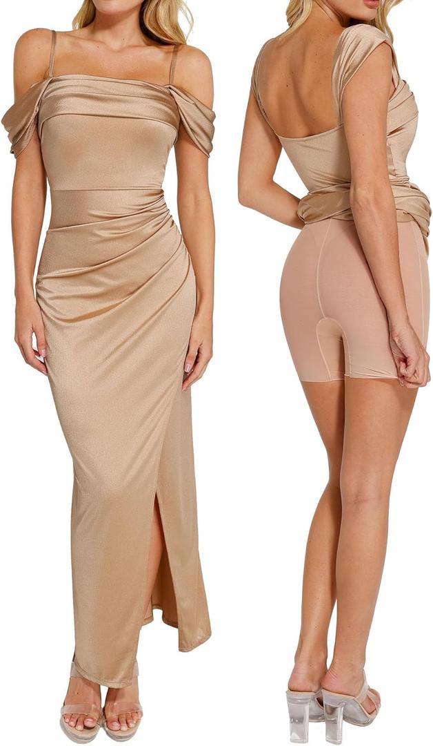 Popilush Womens Shapewear Maxi Dress Multi Way Wear Off The Shoulder Bodycon Long Cocktail Formal Dresses (Small, Champagne)