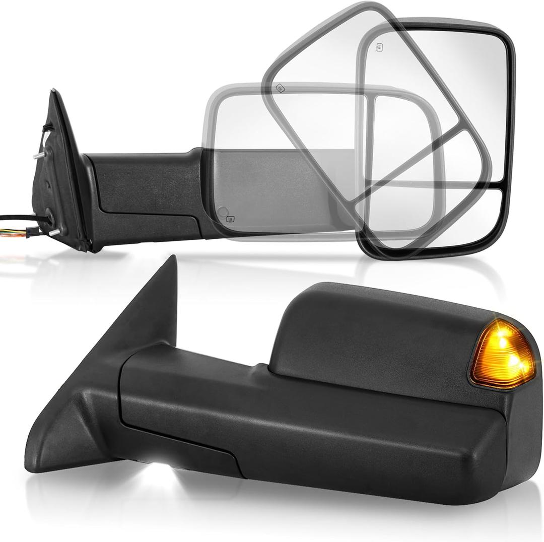 AUTOSTARSHIP Pair Power Heated Towing Mirrors Compatible with 2009-2018 Dodge Ram 1500 2500 3500/ 2019-2024 Ram 1500 Classic w/ LED Turn Signal Light Side Mirror Temperature Sensor (Black)