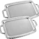 2 Pcs Silver Serving Tray with Handle Elegant Floral Metal Plate Silver Platter for Buffet Wedding Party Jewelry Decorative (Oblong)