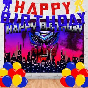 Cartoon Robot Birthday Party Supplies,Robots Party Decorations Set Include Banner, Backdrop, Balloons for Boys Girls Anime Theme Party