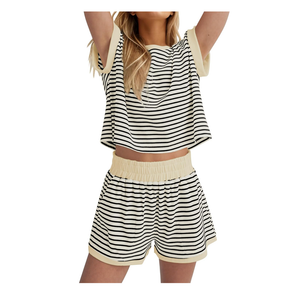 2 Piece Lounge Set Women Stripe Knit Short Sleeve Tee Shirts Shorts Casual Summer Loungewear Shorts Sets, Large, Beige 