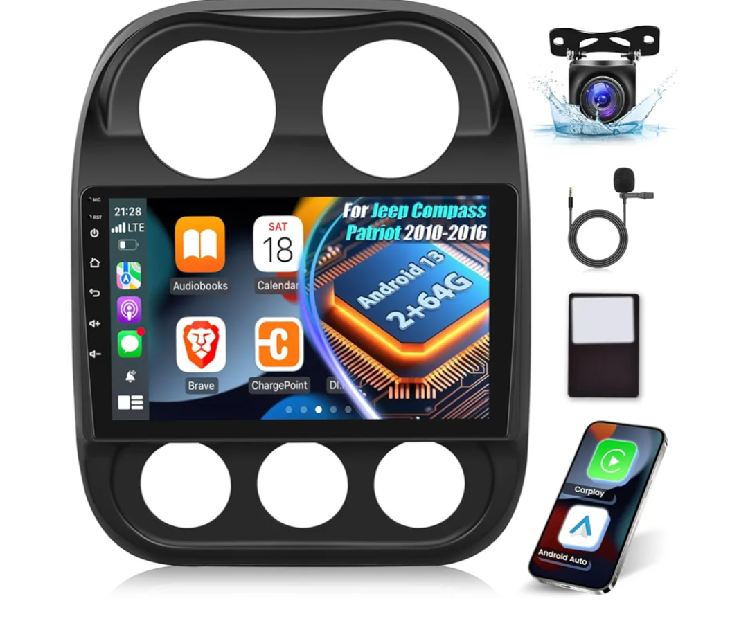 EKAT Car Radio for Jeep Compass Patriot 2010 2011 2012 2013 2014 2015 2016, [2G+64G] 10.1 inch Android Touch Screen Patriot Stereo, CarPlay/Android Auto/DSP Audio/1080P/SWC/Bluetooth/WiFi