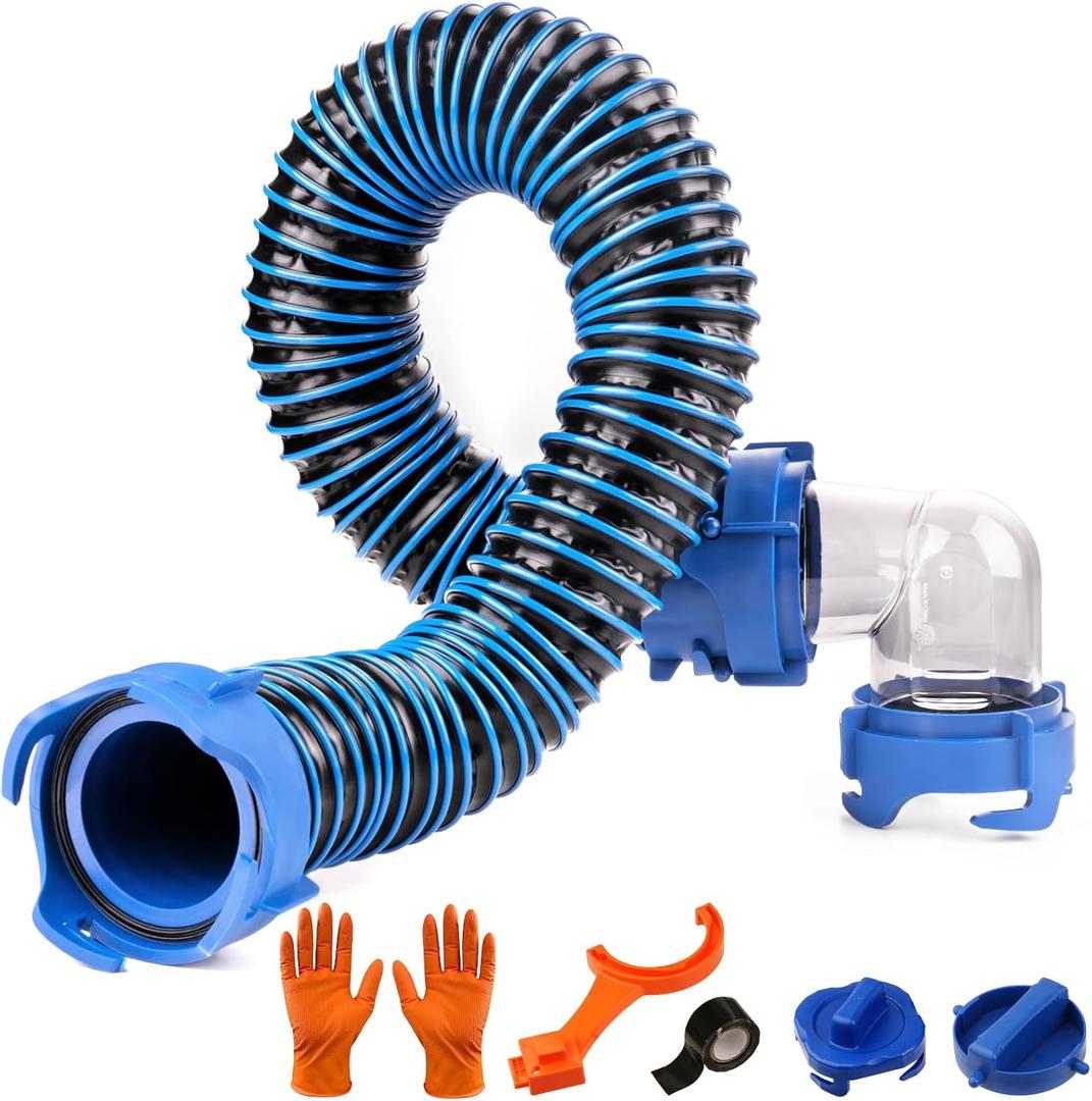 SheeChung 3FT Short RV Sewer Hose, RV Portable Waste Tank Sewer Hose, Heavy-Duty Tote Tank Hose with Swivel Fittings, 90-Degree Clear Elbow, 2 Storage Caps, 1 RV Waste Value Wrench