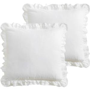 2 Pack White Ruffled Euro Shams Pillow Covers, Washed Cotton 26x26 inches Farmhouse Bed Pillowcases (White, 26x26 inches)