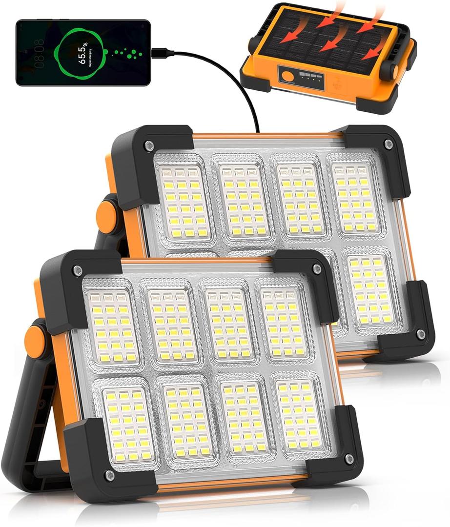 2 Pack 120W Solar Rechargeable Work Light, 144 LED 10000LM Led Work Light with 4 Modes, Portable Flood Light with Stand, IP66 Waterproof Outdoor Working Light for Emergency Mechanic Camping Repair