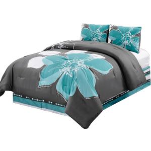 GrandLinen 4-Piece - Hibiscus Floral Comforter Set King Size Bedding - Aqua Blue, Grey, White