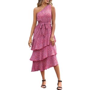 PRETTYGARDEN Women's Summer Floral Sundress Casual One Shoulder Tiered Ruffle Flowy Midi Beach Boho Dresses (M)