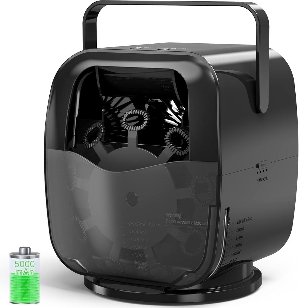KIDWILL Rechargeable Bubble Machine, Automatic Bubble Blower - 5,000mAh Power, 90/180/360 Auto Rotation, 3 Speeds - Bubble Maker Toy for Toddler, Kids, Pets, Parties Indoor Outdoor (Black)