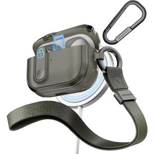 MAGEASY Odyssey AirPods 1 & 2 Case Cover with Secure Lock + Travel Carabiner + Wrist Strap, Wireless Charging Compatible, Drop Protection Apple AirPod 1st 2nd Generation Case Shockproof (Metal Green)