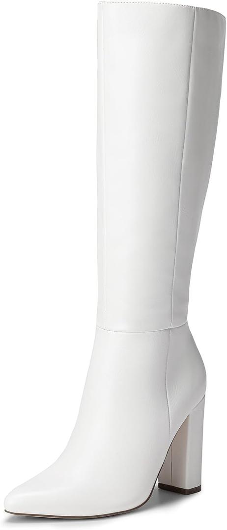 DREAM PAIRS Knee High Boots Women Chunky Heel Pointed Toe Tall Boots for Women Side Zipper Long Boots (9, White-pu)
