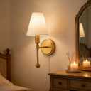Plug in Wall Lamp,Plug-in or Hardwired Installation Wall Sconce with Beige Fabric Shade for Wall Painting,Modern Living Room, Bedroom, Hallway,Led Bulbs Included-(Copper Color)