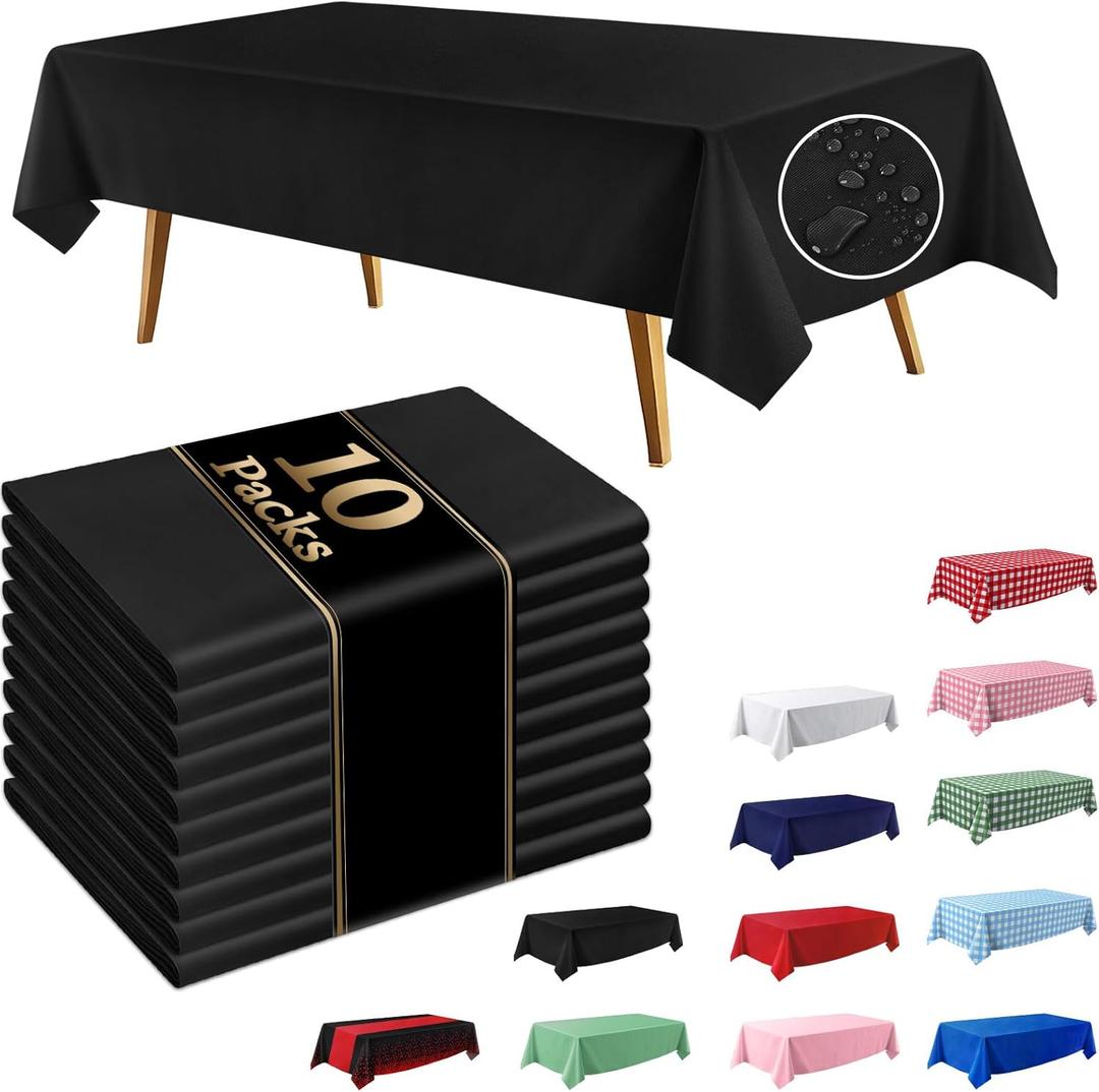 10 Pack Black Disposable Tablecloth, 54108 Inches Waterproof Plastic Rectangle Table Cover, Leakproof & Sturdy Table Cloth for for Wedding, Birthday, Picnic, Holiday Party Decoration