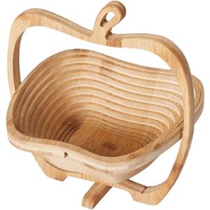 Foldable Bamboo Dried Fruit Basket Apple Shaped Collapsible Bread Nuts Baskets Candy Gifts Fruit Bowl Holder Wooden Snack Box for Kitchen Table