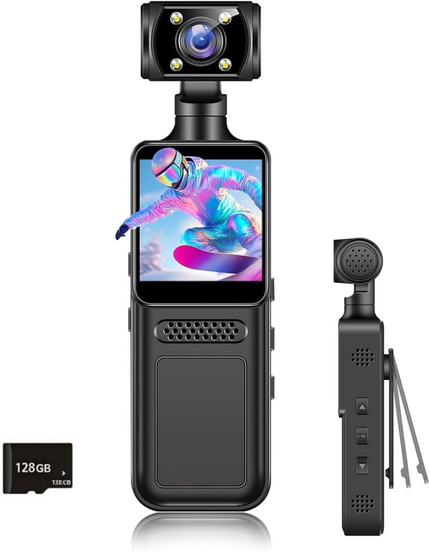 Fenpos 128G 4K Body Clip Camera with Audio and Video Recording FHD Mini Handheld Body Worn Cam Portable Small Personal Camcorder Sport Action Outdoor Video Recorder