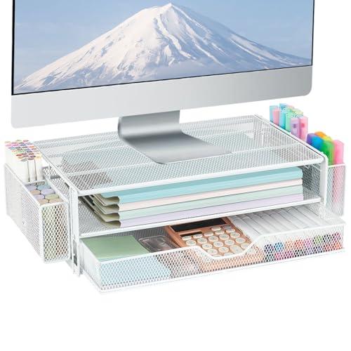 AUPSEN Computer Monitor Stands Riser，2-Tier Desk Organizers and Accessories, Office Desk Accessories Organizer with Drawers and 2 Pen Holder for Office Supplies (White)